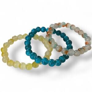 Yellow Blue Multicolor Bohemian Handmade Set Of 3 Stretch Bracelets